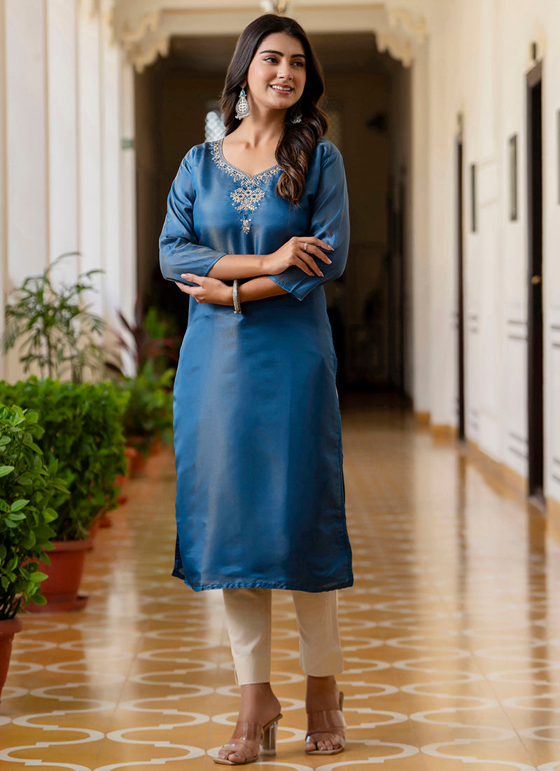 Vellora Shimmer Silk Teal Casual Wear Embroidery Work Readymade Kurti | Grocsy