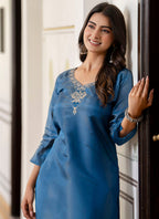 Vellora Shimmer Silk Teal Casual Wear Embroidery Work Readymade Kurti | Grocsy