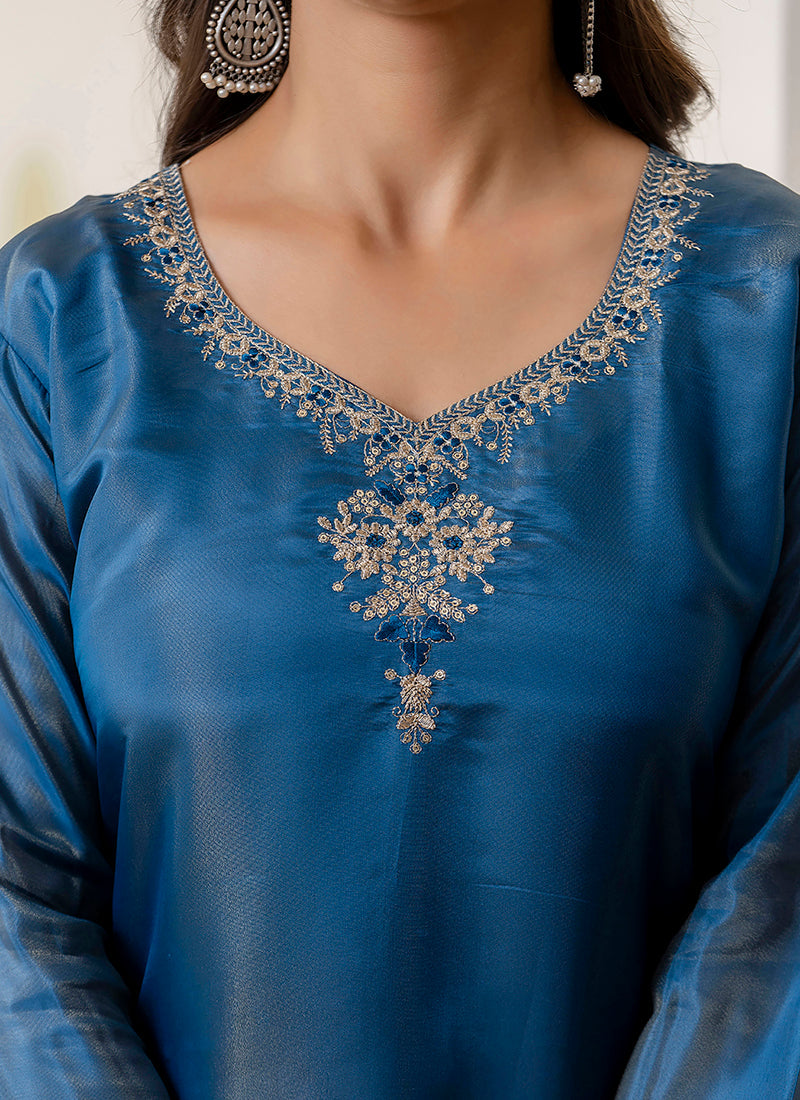 Vellora Shimmer Silk Teal Casual Wear Embroidery Work Readymade Kurti | Grocsy