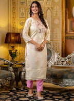 Vellora Shimmer Silk Cream Casual Wear Embroidery Work Readymade Kurti | Grocsy