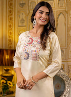 Vellora Shimmer Silk Cream Casual Wear Embroidery Work Readymade Kurti | Grocsy