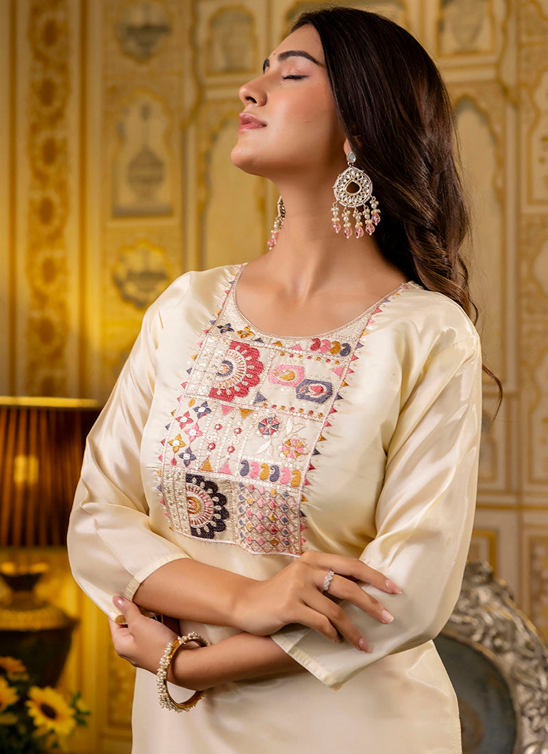 Vellora Shimmer Silk Cream Casual Wear Embroidery Work Readymade Kurti | Grocsy