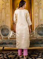 Vellora Shimmer Silk Cream Casual Wear Embroidery Work Readymade Kurti | Grocsy