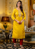 Vellora Shimmer Silk Mustard Casual Wear Embroidery Work Readymade Kurti | Grocsy