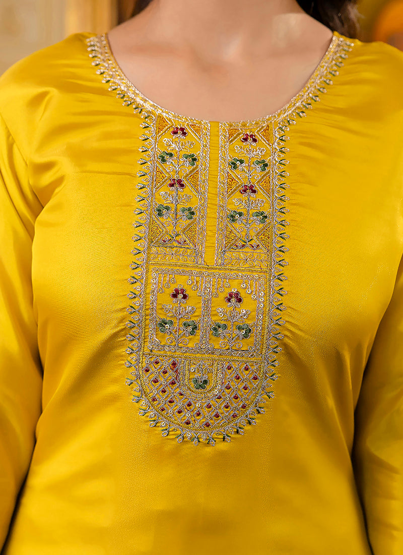Vellora Shimmer Silk Mustard Casual Wear Embroidery Work Readymade Kurti | Grocsy