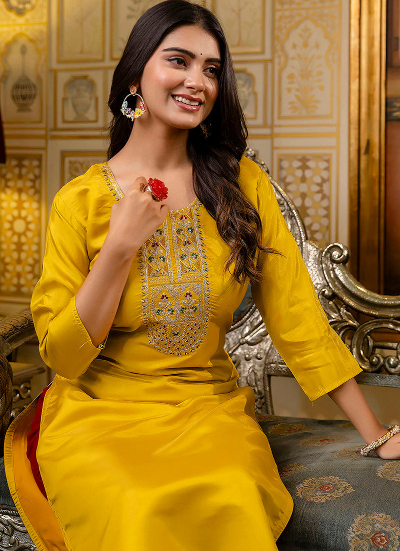 Vellora Shimmer Silk Mustard Casual Wear Embroidery Work Readymade Kurti | Grocsy