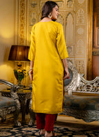Vellora Shimmer Silk Mustard Casual Wear Embroidery Work Readymade Kurti | Grocsy