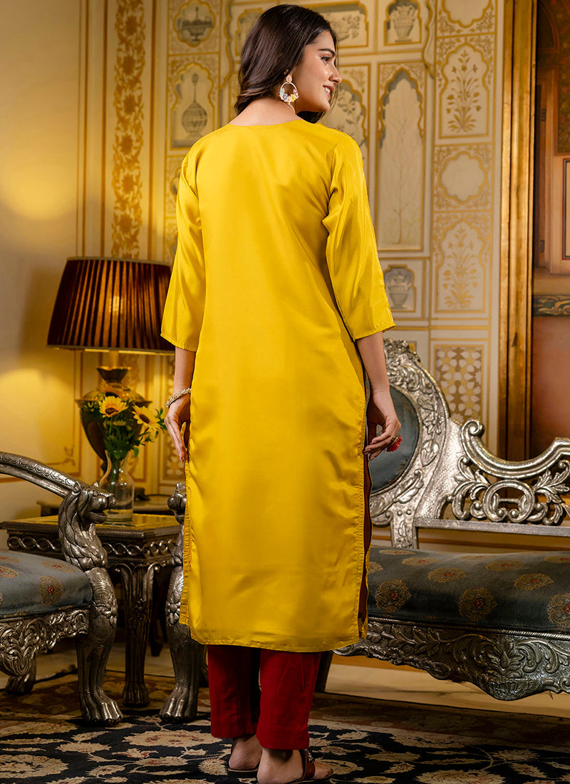 Vellora Shimmer Silk Mustard Casual Wear Embroidery Work Readymade Kurti | Grocsy