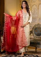 Vellora Silk Blend Cream Occasional Wear Embroidery Work Readymade Salwar Suit | Grocsy