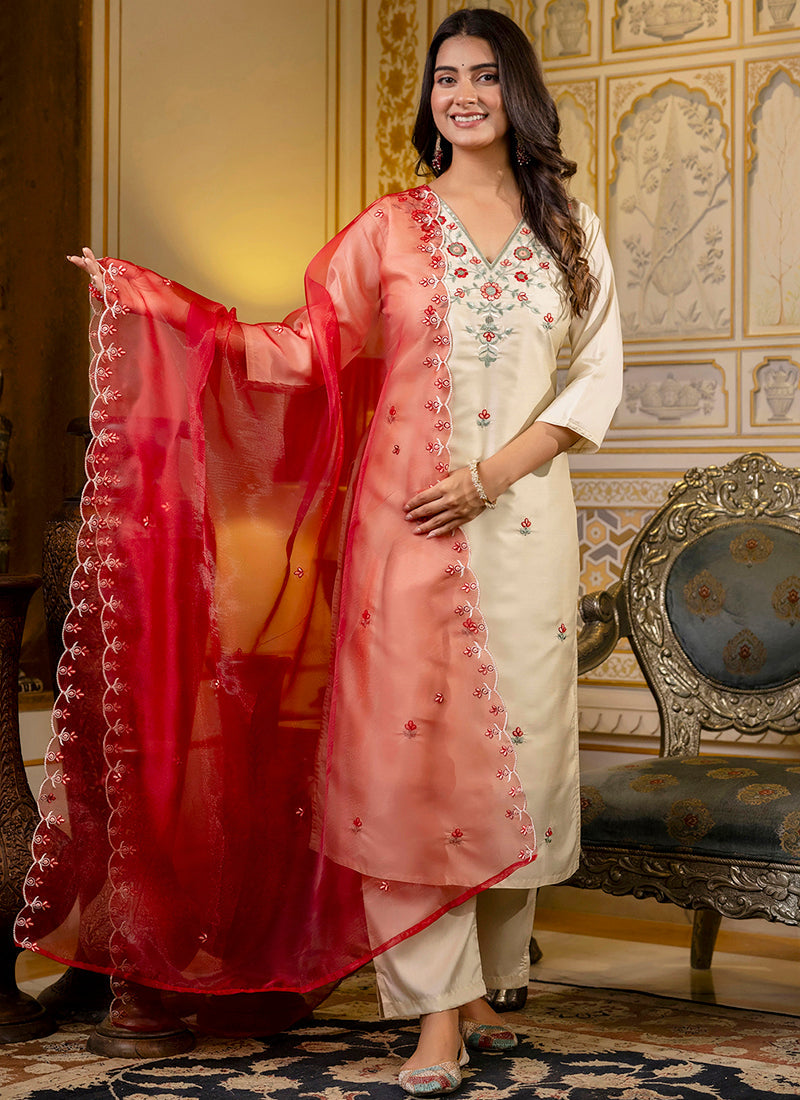 Vellora Silk Blend Cream Occasional Wear Embroidery Work Readymade Salwar Suit | Grocsy