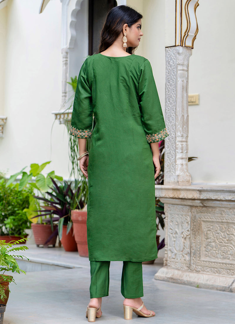 Vellora Silk Blend Green Occasional Wear Embroidery Work Readymade Salwar Suit | Grocsy