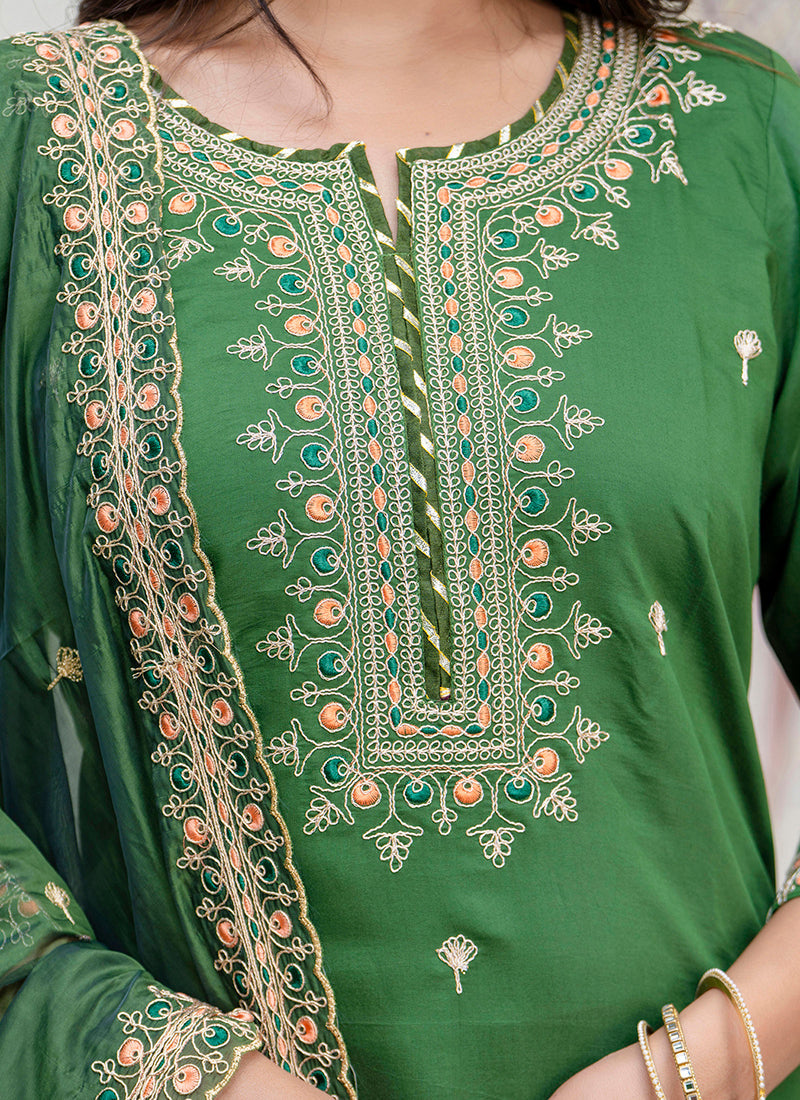 Vellora Silk Blend Green Occasional Wear Embroidery Work Readymade Salwar Suit | Grocsy