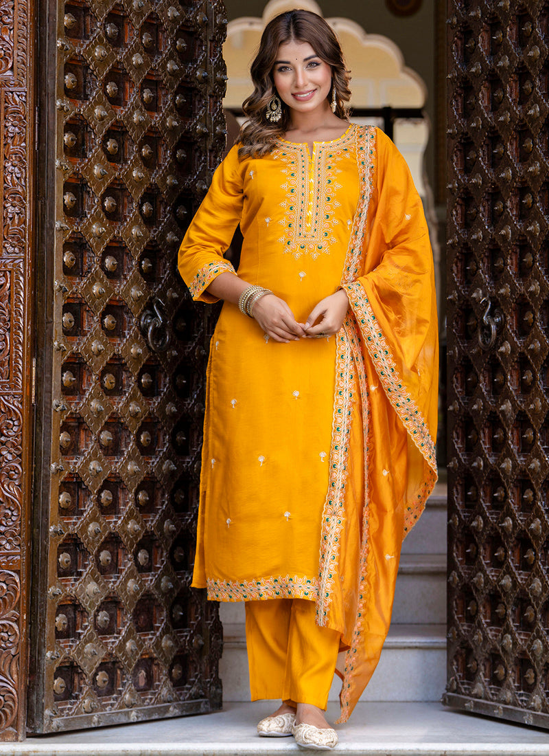 Vellora Silk Blend Mustard Occasional Wear Embroidery Work Readymade Salwar Suit | Grocsy