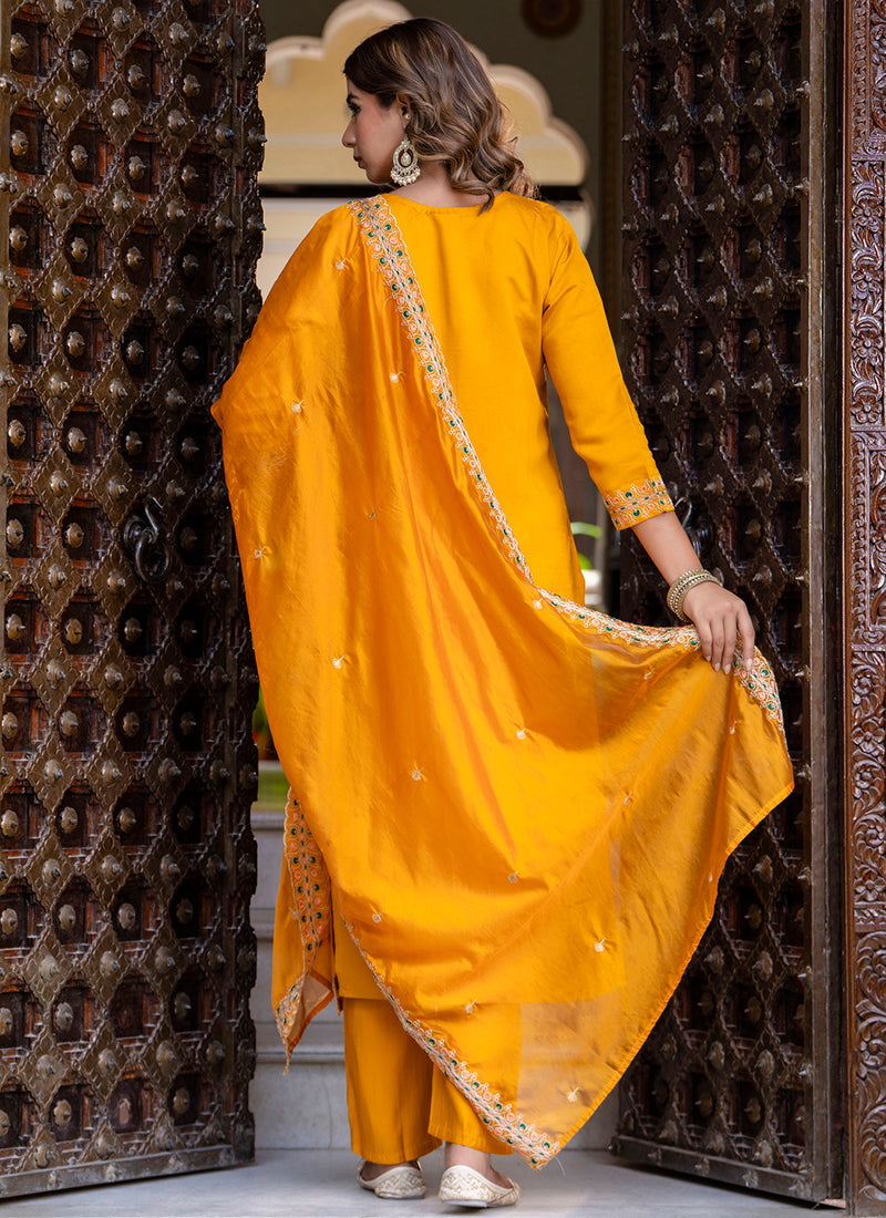 Vellora Silk Blend Mustard Occasional Wear Embroidery Work Readymade Salwar Suit | Grocsy