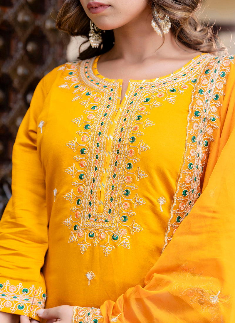 Vellora Silk Blend Mustard Occasional Wear Embroidery Work Readymade Salwar Suit | Grocsy