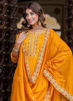 Vellora Silk Blend Mustard Occasional Wear Embroidery Work Readymade Salwar Suit | Grocsy