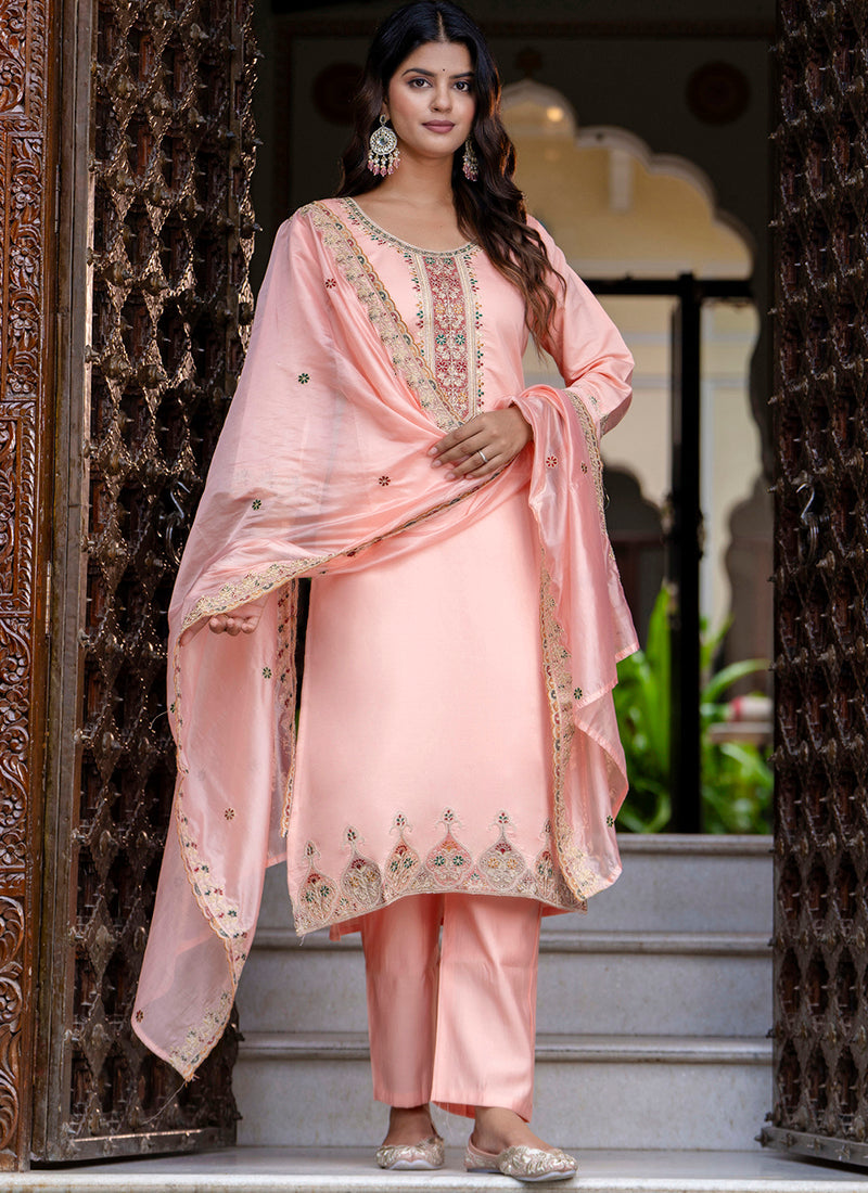 Vellora Silk Blend Peach Occasional Wear Embroidery Work Readymade Salwar Suit | Grocsy