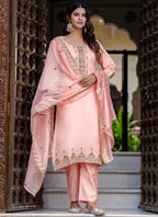 Vellora Silk Blend Peach Occasional Wear Embroidery Work Readymade Salwar Suit | Grocsy