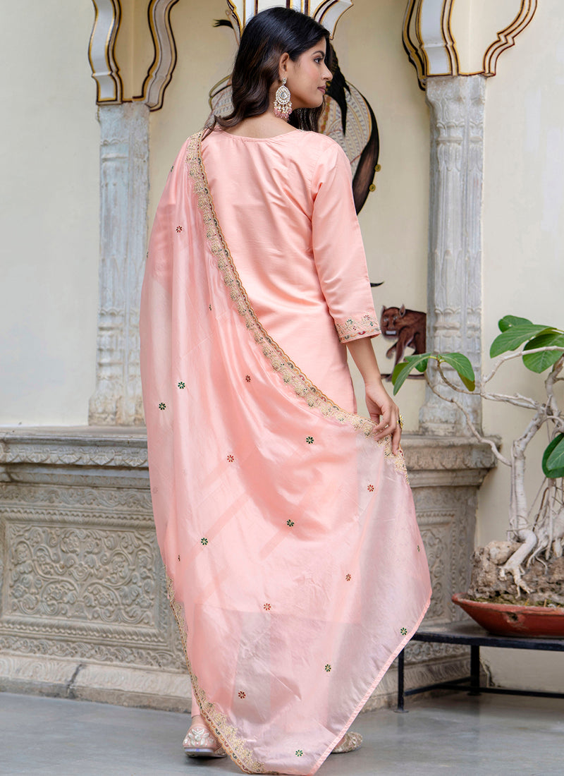 Vellora Silk Blend Peach Occasional Wear Embroidery Work Readymade Salwar Suit | Grocsy