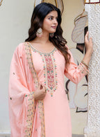 Vellora Silk Blend Peach Occasional Wear Embroidery Work Readymade Salwar Suit | Grocsy