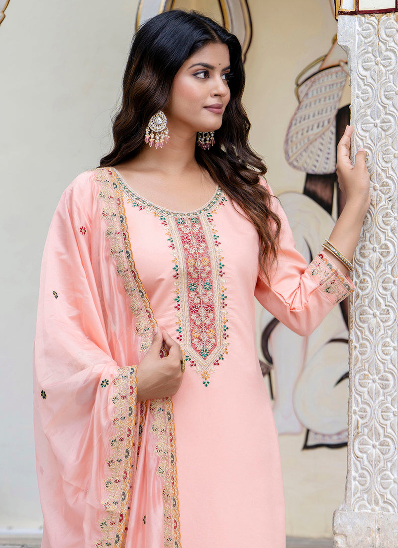 Vellora Silk Blend Peach Occasional Wear Embroidery Work Readymade Salwar Suit | Grocsy