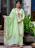 Vellora Silk Blend Light Green Occasional Wear Embroidery Work Readymade Salwar Suit | Grocsy