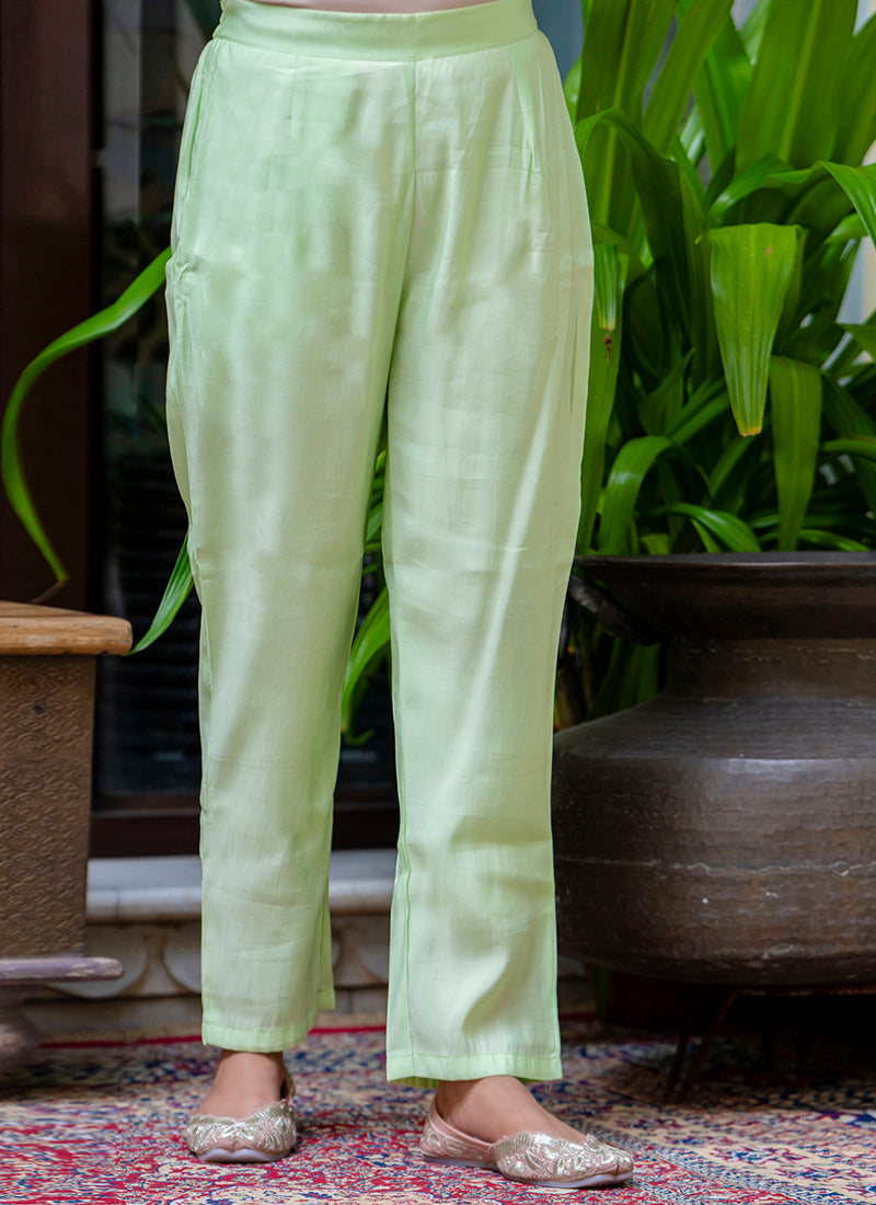 Vellora Silk Blend Light Green Occasional Wear Embroidery Work Readymade Salwar Suit | Grocsy