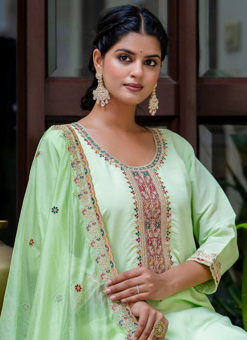 Vellora Silk Blend Light Green Occasional Wear Embroidery Work Readymade Salwar Suit | Grocsy