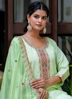 Vellora Silk Blend Light Green Occasional Wear Embroidery Work Readymade Salwar Suit | Grocsy