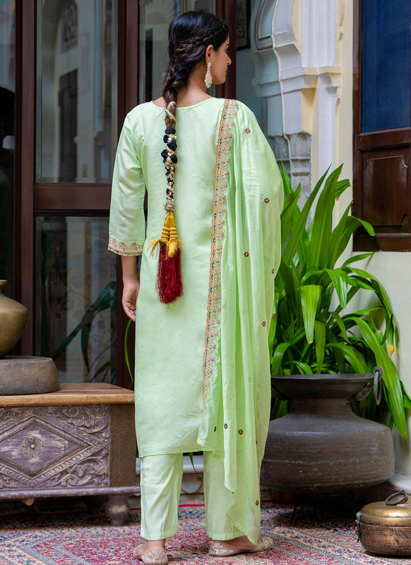 Vellora Silk Blend Light Green Occasional Wear Embroidery Work Readymade Salwar Suit | Grocsy
