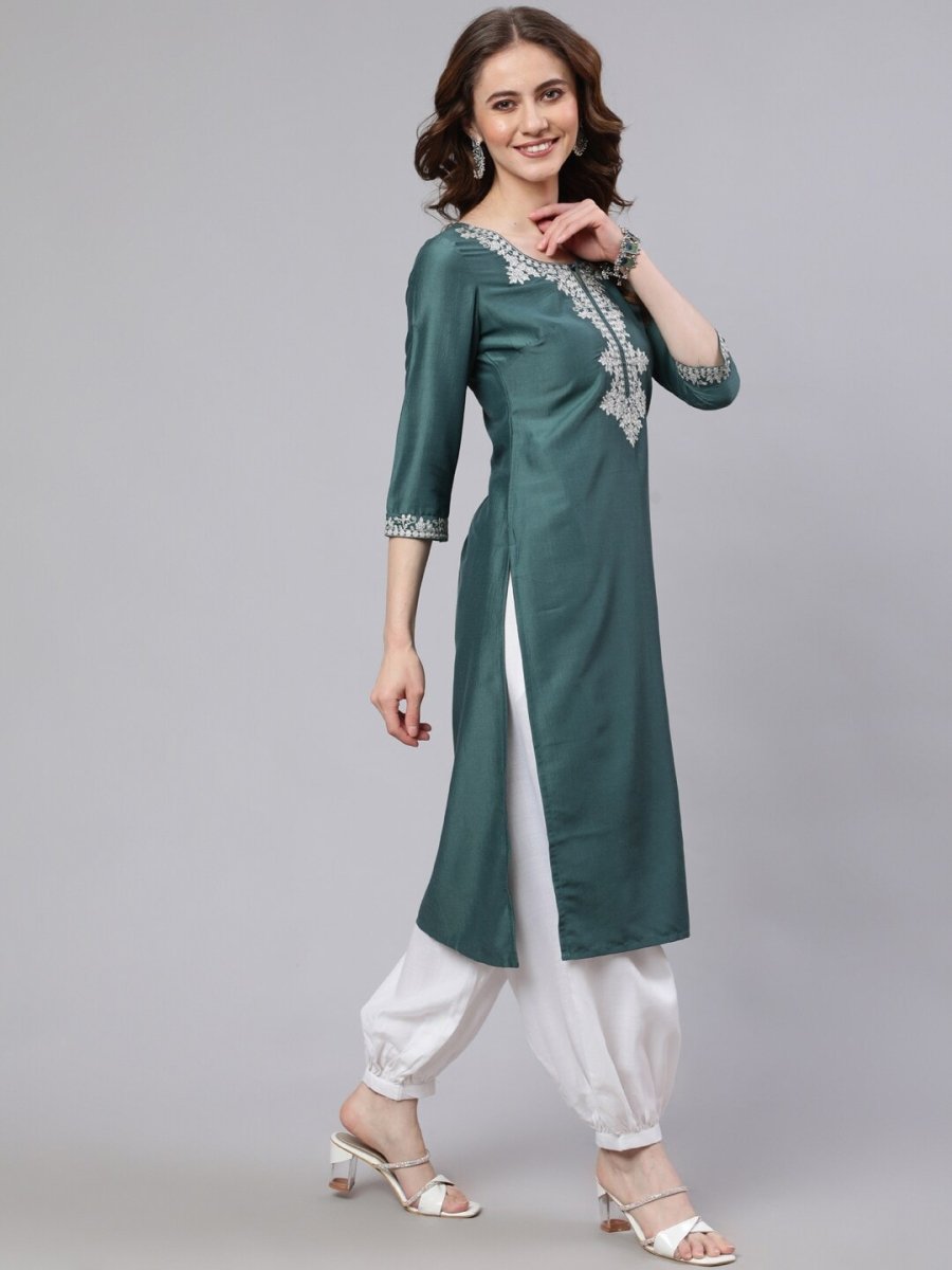 Aks Floral Yoke Design Thread Work Silk Kurta | Grocsy