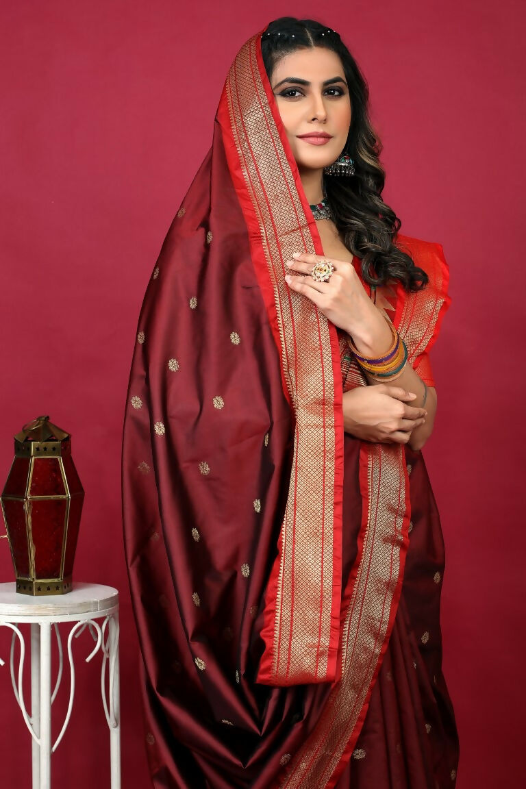 Jyoti Fashion Women's Maroon Paithani Silk Zari Woven Saree with Blouse | Grocsy