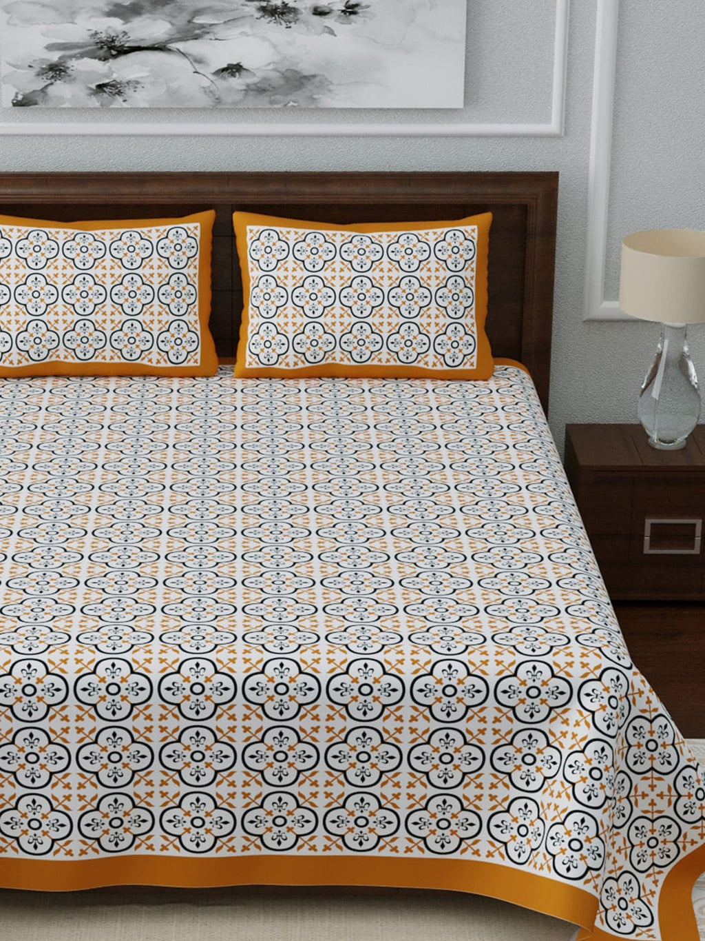 LIVING ROOTS White & Blue Ethnic Motifs Jaipuri 210 TC Cotton Double King Bedsheets With 2 Pillow Covers | Grocsy