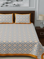 LIVING ROOTS White & Blue Ethnic Motifs Jaipuri 210 TC Cotton Double King Bedsheets With 2 Pillow Covers | Grocsy