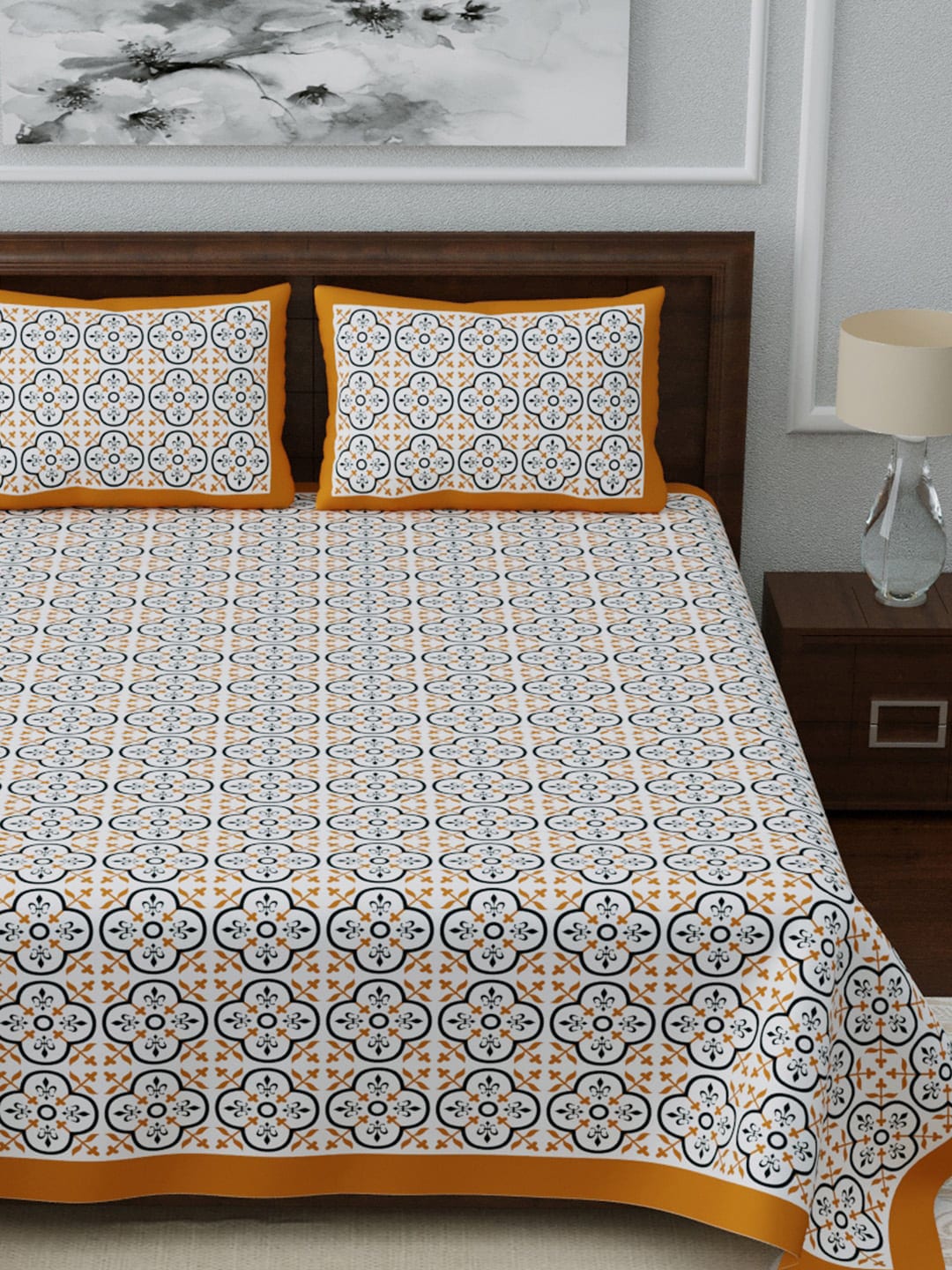 LIVING ROOTS White & Blue Ethnic Motifs Jaipuri 210 TC Cotton Double King Bedsheets With 2 Pillow Covers | Grocsy