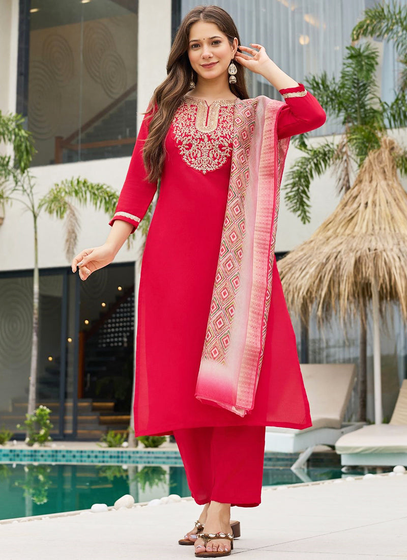 Vellora Rayon Slub Red Casual Wear Embroidery Work Readymade Salwar Suit | Grocsy