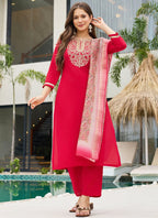 Vellora Rayon Slub Red Casual Wear Embroidery Work Readymade Salwar Suit | Grocsy