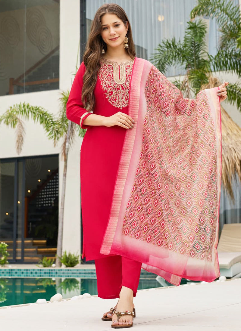 Vellora Rayon Slub Red Casual Wear Embroidery Work Readymade Salwar Suit | Grocsy