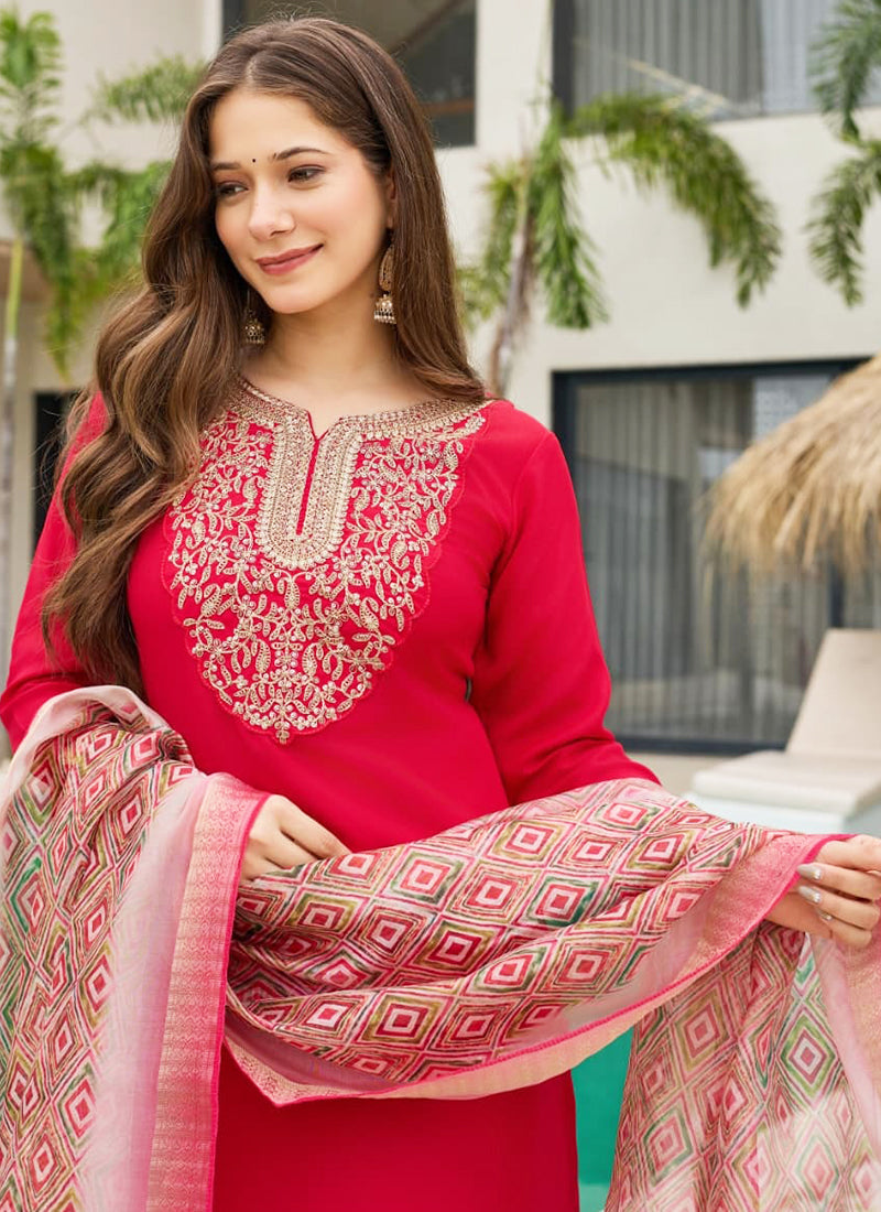 Vellora Rayon Slub Red Casual Wear Embroidery Work Readymade Salwar Suit | Grocsy