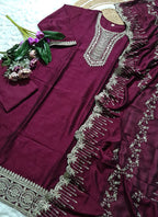 Vellora Vichitra Silk Deep Maroon Casual Wear Embroidery Work Readymade Salwar Suit | Grocsy