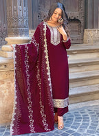 Vellora Vichitra Silk Deep Maroon Casual Wear Embroidery Work Readymade Salwar Suit | Grocsy