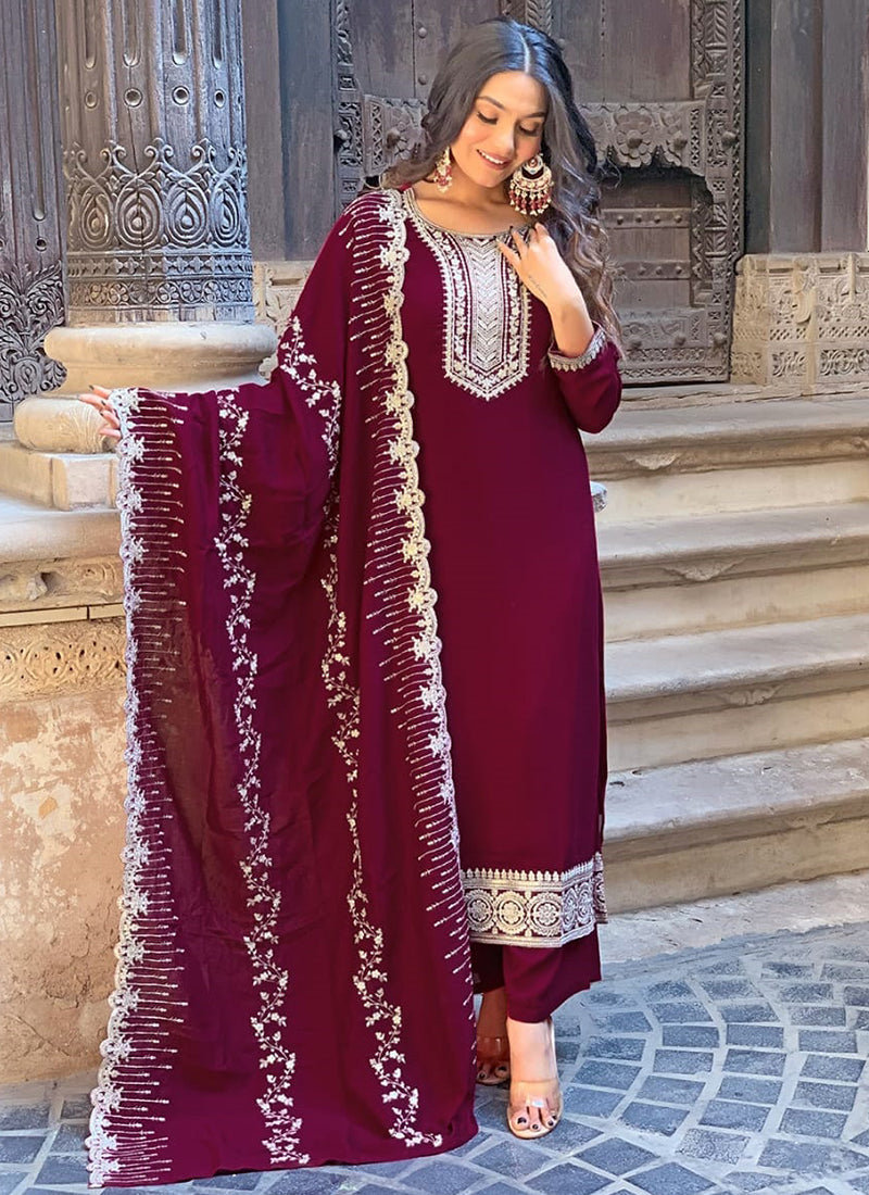 Vellora Vichitra Silk Deep Maroon Casual Wear Embroidery Work Readymade Salwar Suit | Grocsy