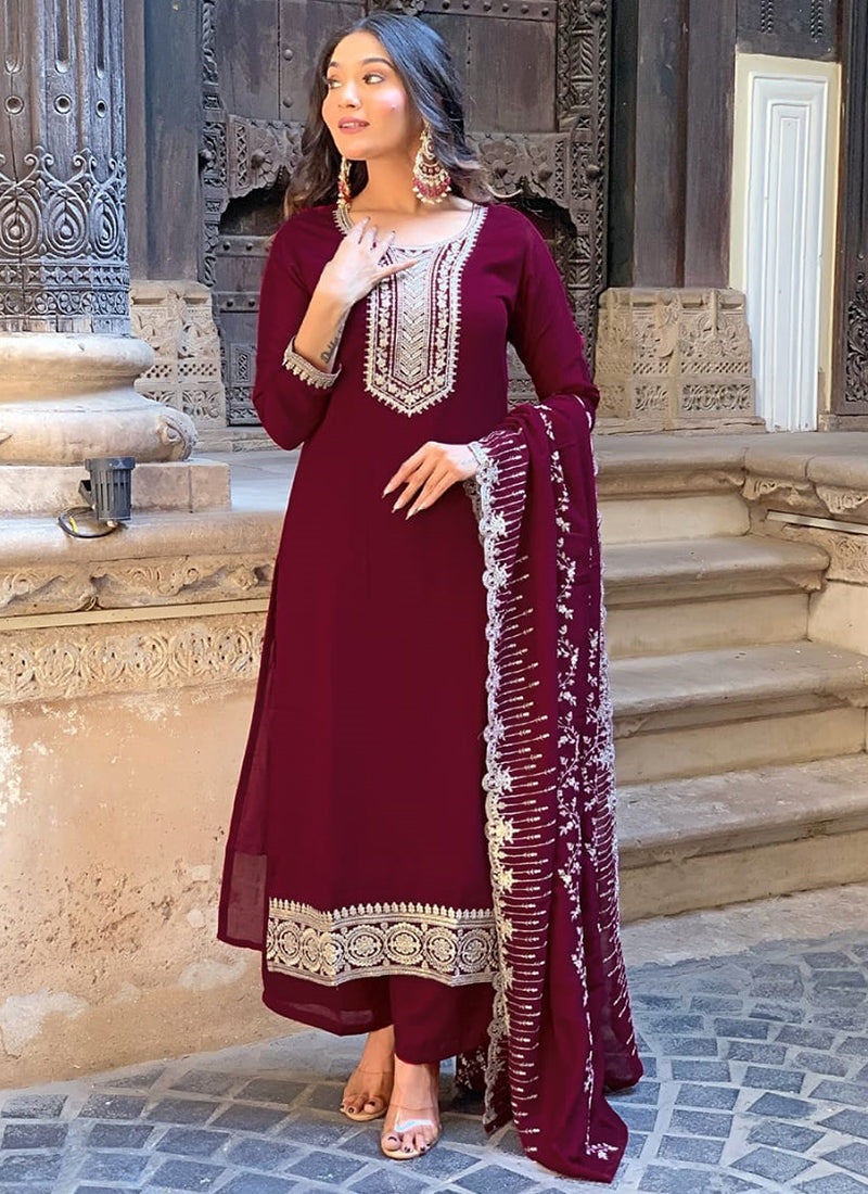 Vellora Vichitra Silk Deep Maroon Casual Wear Embroidery Work Readymade Salwar Suit | Grocsy