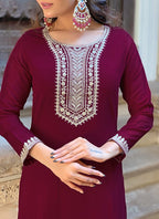 Vellora Vichitra Silk Deep Maroon Casual Wear Embroidery Work Readymade Salwar Suit | Grocsy