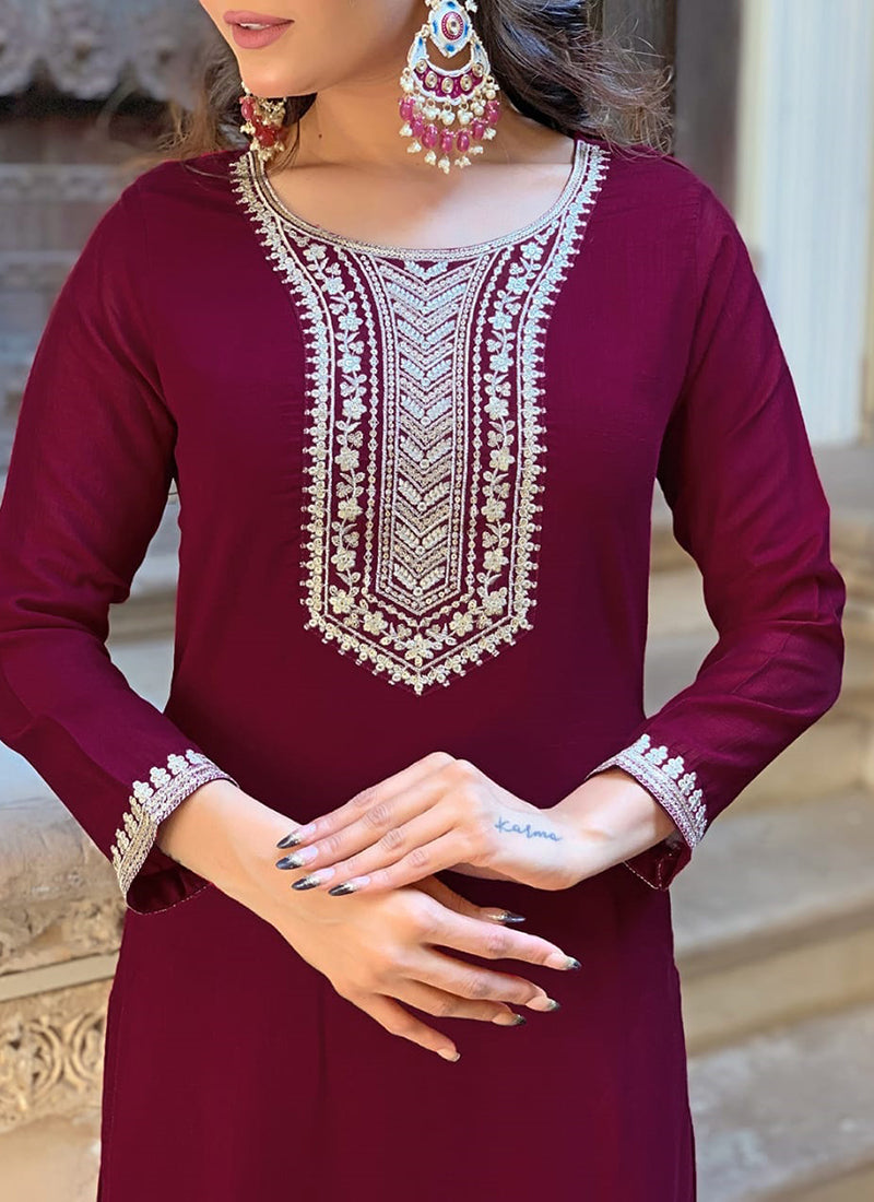 Vellora Vichitra Silk Deep Maroon Casual Wear Embroidery Work Readymade Salwar Suit | Grocsy
