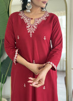Vellora Viscose Rayon Maroon Casual Wear Embroidery Work Readymade Salwar Suit | Grocsy