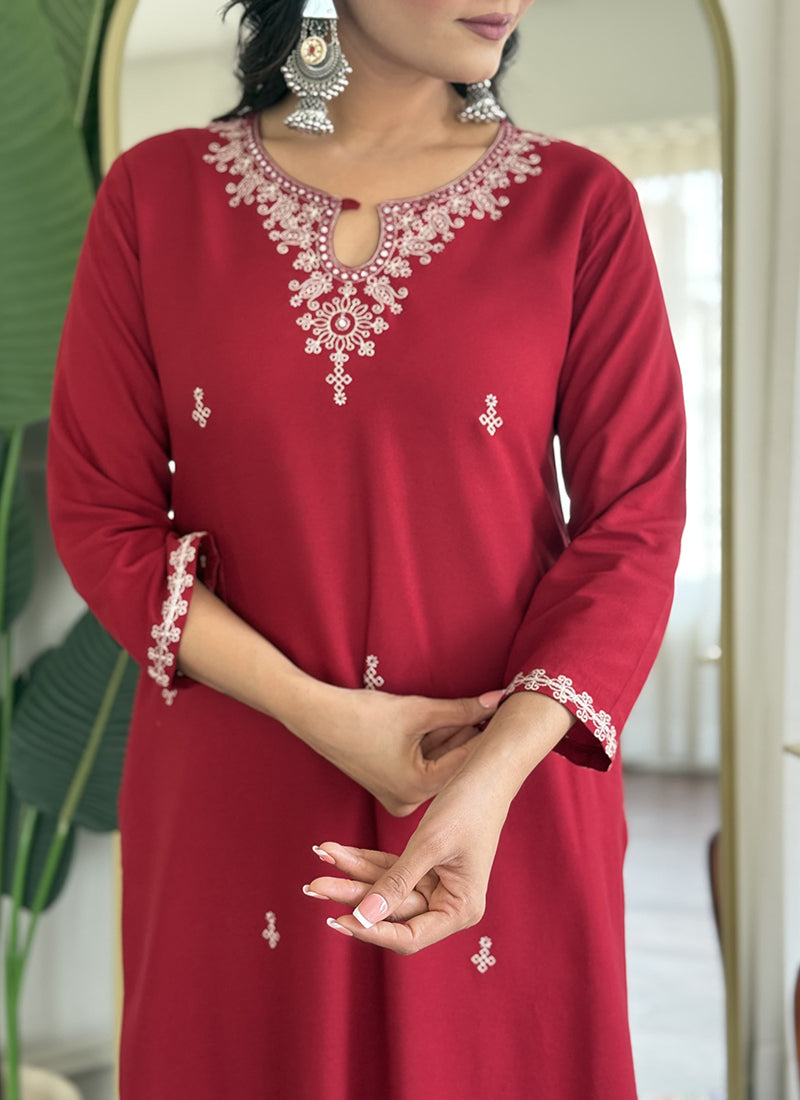 Vellora Viscose Rayon Maroon Casual Wear Embroidery Work Readymade Salwar Suit | Grocsy