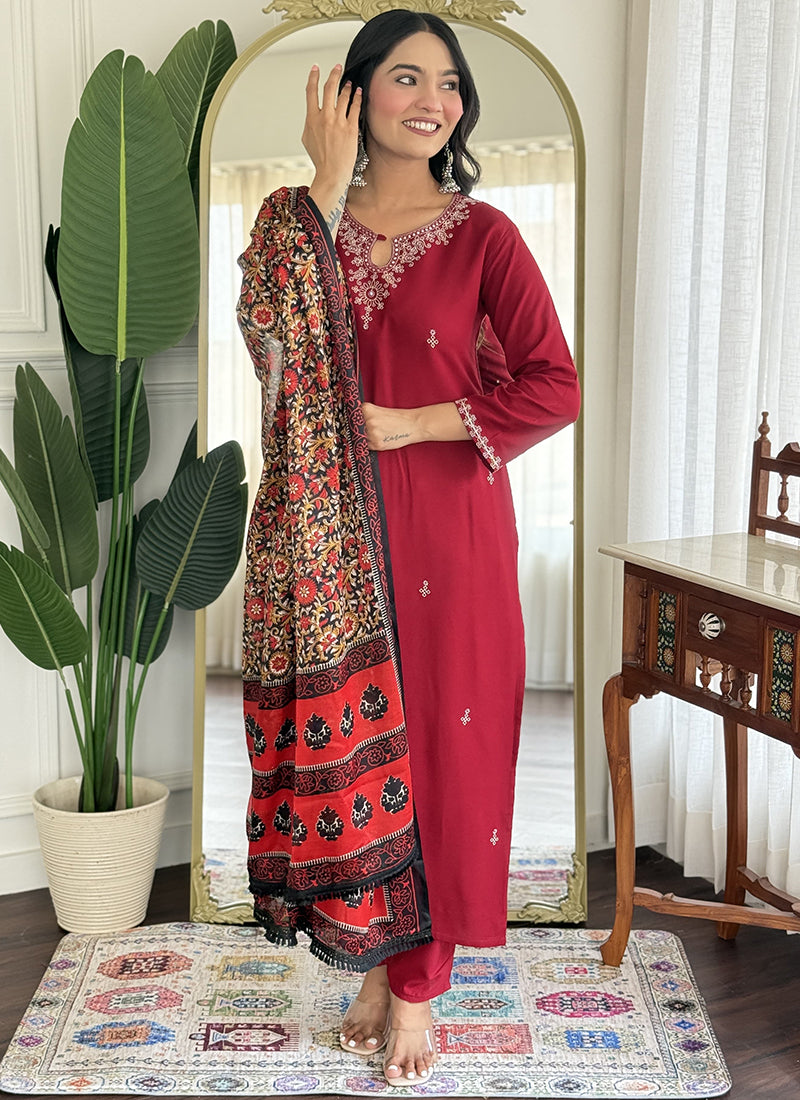 Vellora Viscose Rayon Maroon Casual Wear Embroidery Work Readymade Salwar Suit | Grocsy