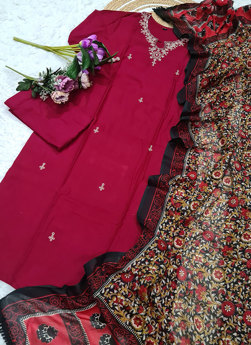 Vellora Viscose Rayon Maroon Casual Wear Embroidery Work Readymade Salwar Suit | Grocsy