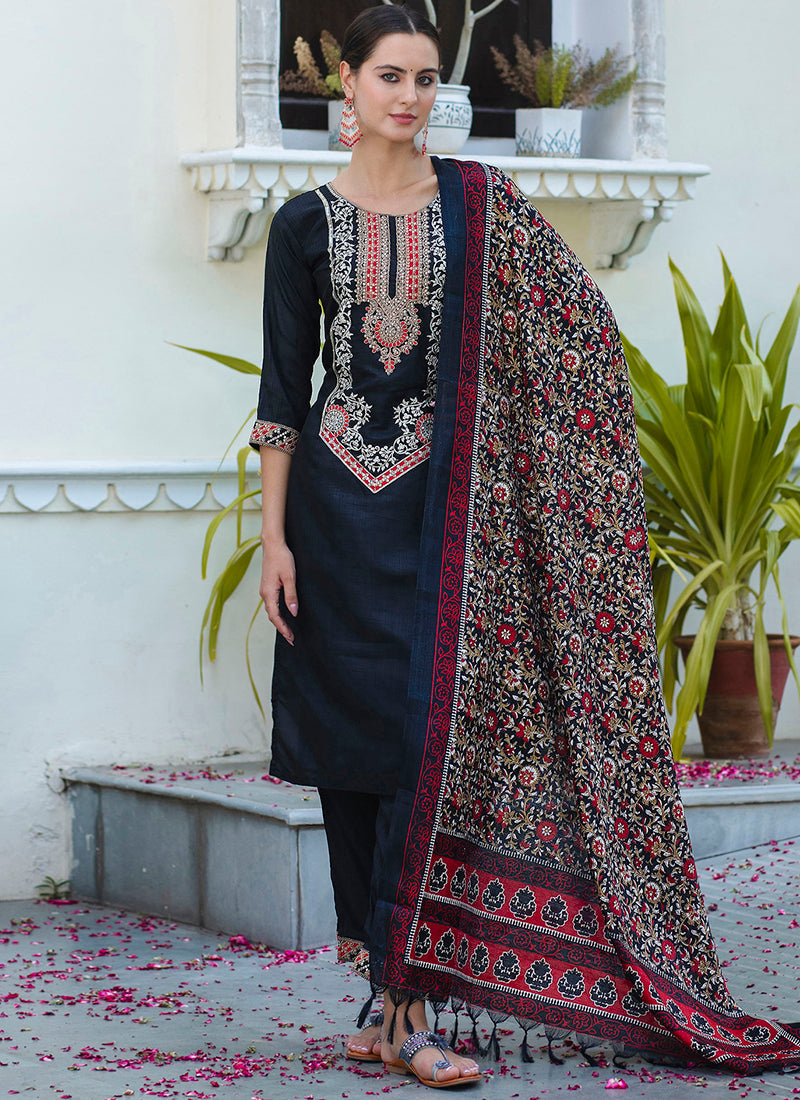 Vellora Silk Blend Black Ocassional Wear Embroidery Work Readymade Salwar Suit | Grocsy